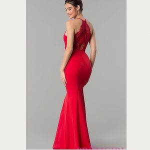 Long red mermaid style prom dress lace back